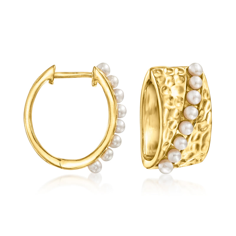 Gold hoop earrings with cultured pearl accents along the outer edge