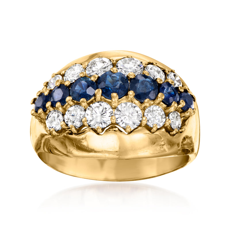 Vintage yellow gold cocktail ring with round blue sapphires and clear diamond halo rows