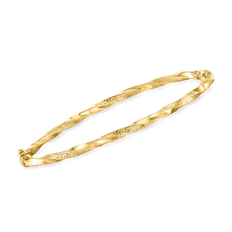 14kt yellow gold twisted Greek key bangle bracelet with engraved motif