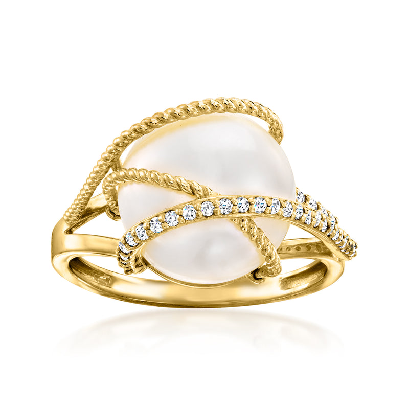 14kt yellow gold ring with oval cultured pearl, diamond band, rope-style settings