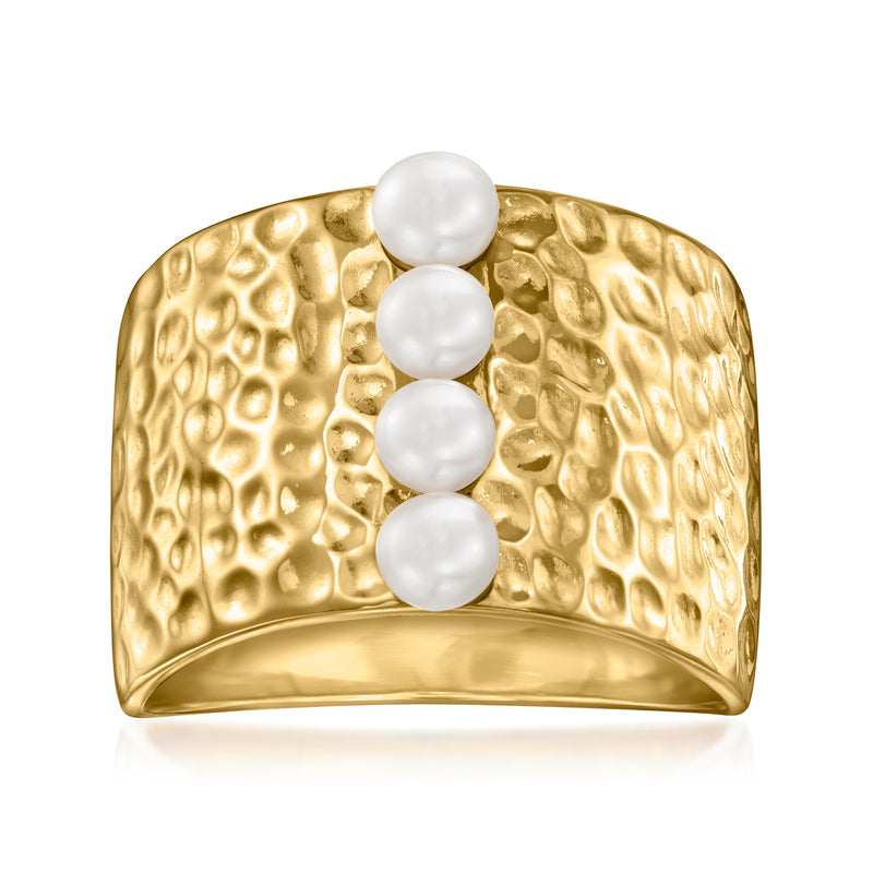 18kt gold over sterling ring with cultured pearl stripe, hammered texture and four round pearls