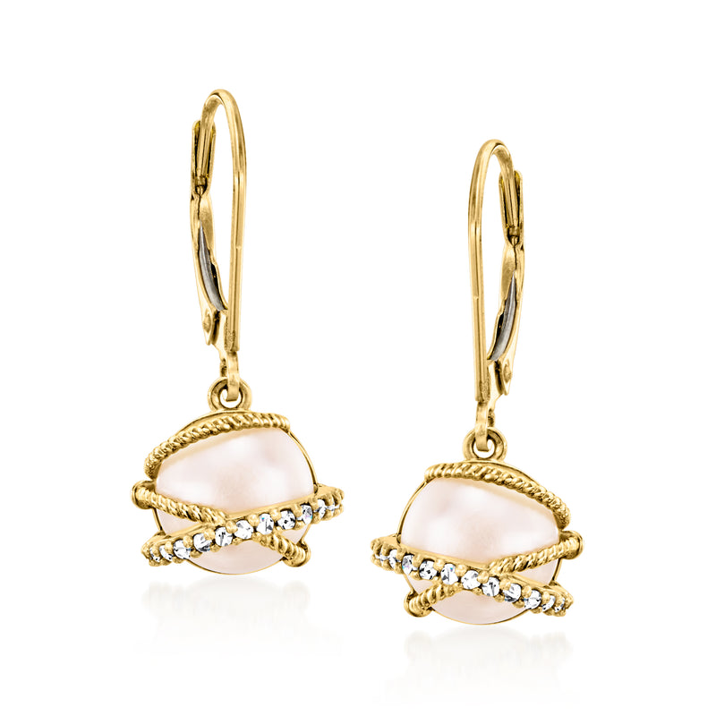 14k yellow gold drop earrings with oval cultured pearl and diamond-like accents