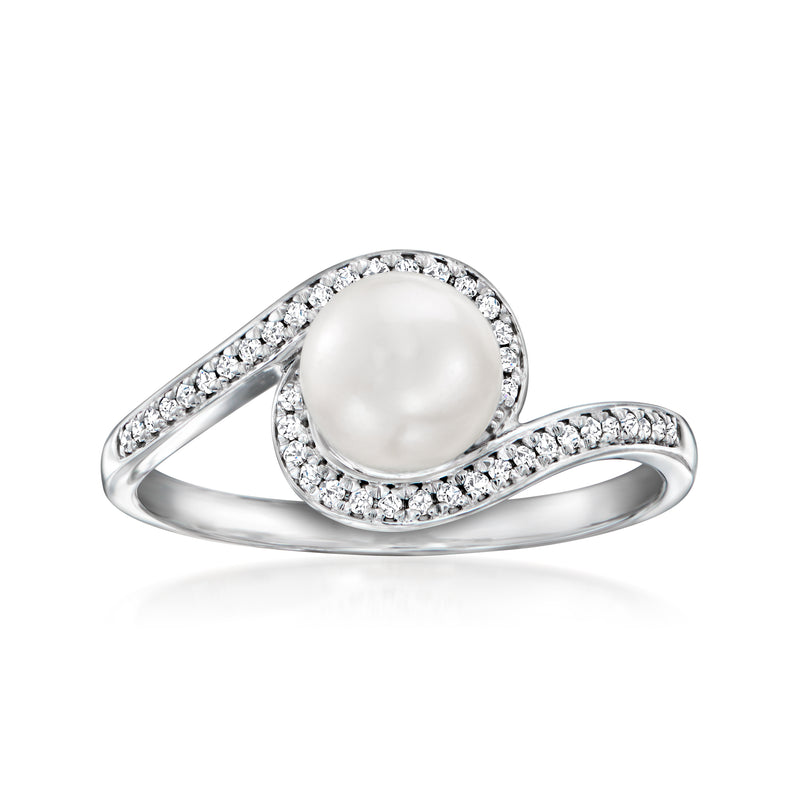 Sterling silver swirl ring with cultured pearl and pave diamonds