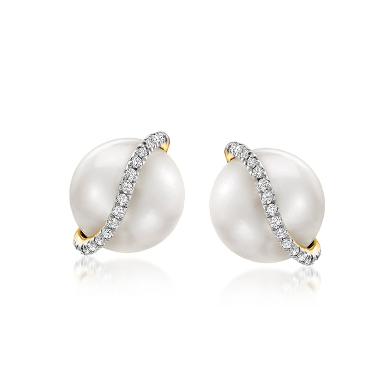 Cultured pearl stud earrings with diamond accents in 14kt yellow gold