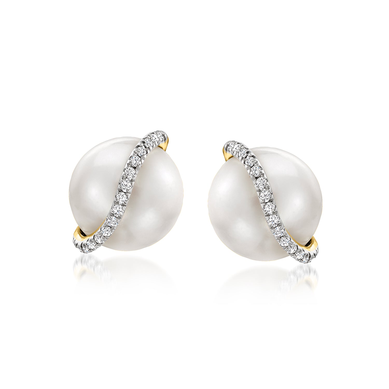 8-8.5mm Cultured Pearl Stud Earrings with Diamonds in 14kt Yellow Gold
