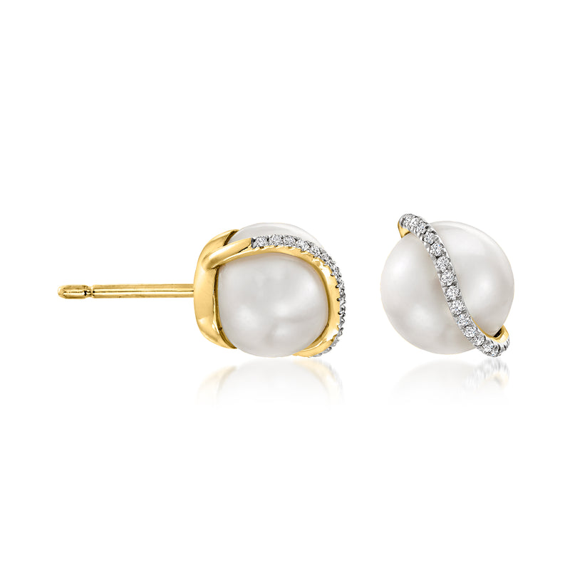 Cultured pearl stud earrings with diamonds in 14kt yellow gold