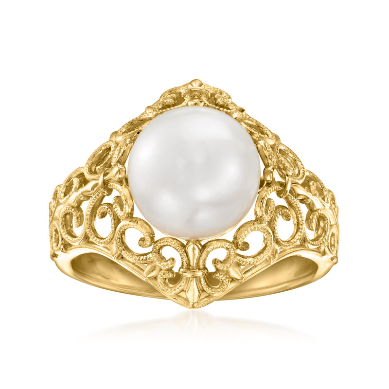 Gold filigree ring with round white cultured pearl centerpiece, ornate openwork band