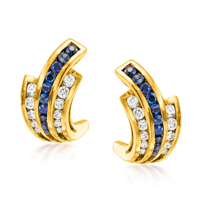 18kt yellow gold curved hoop earrings with blue sapphire and white diamond accents