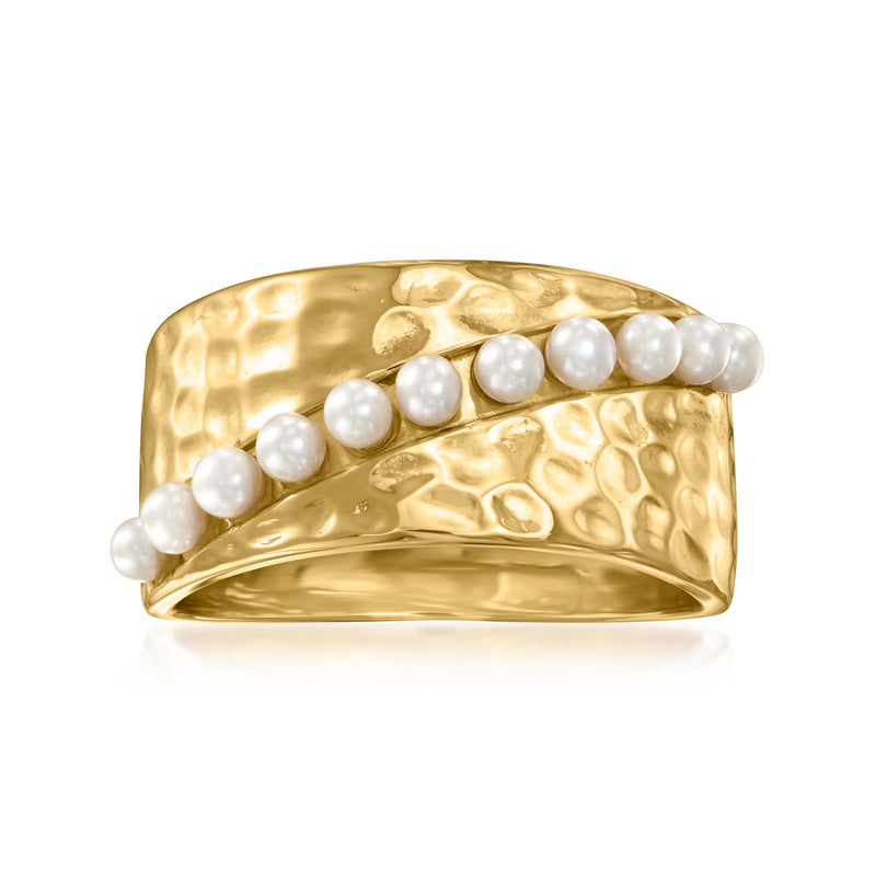 Hammered gold-tone wide ring with cultured pearl stripe across top