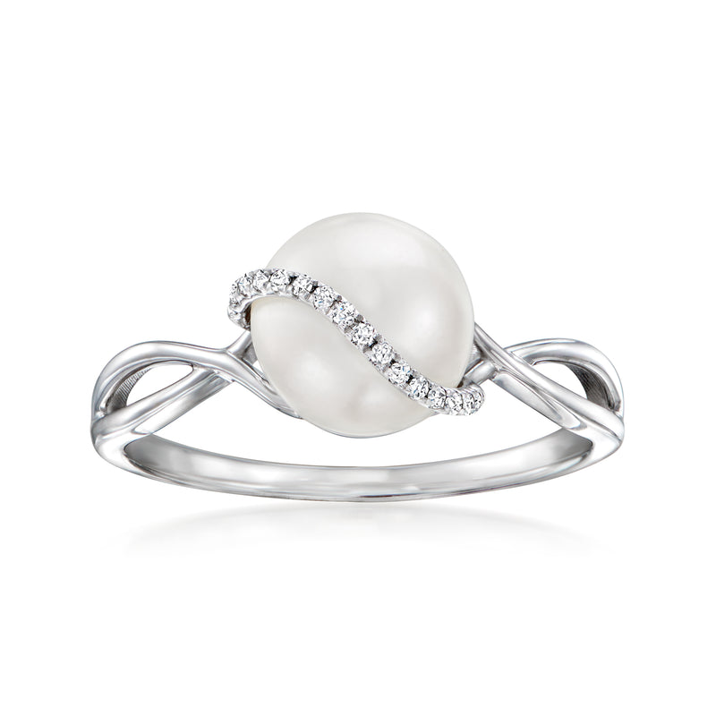 Sterling silver ring with large white cultured pearl and diamond swirl accents