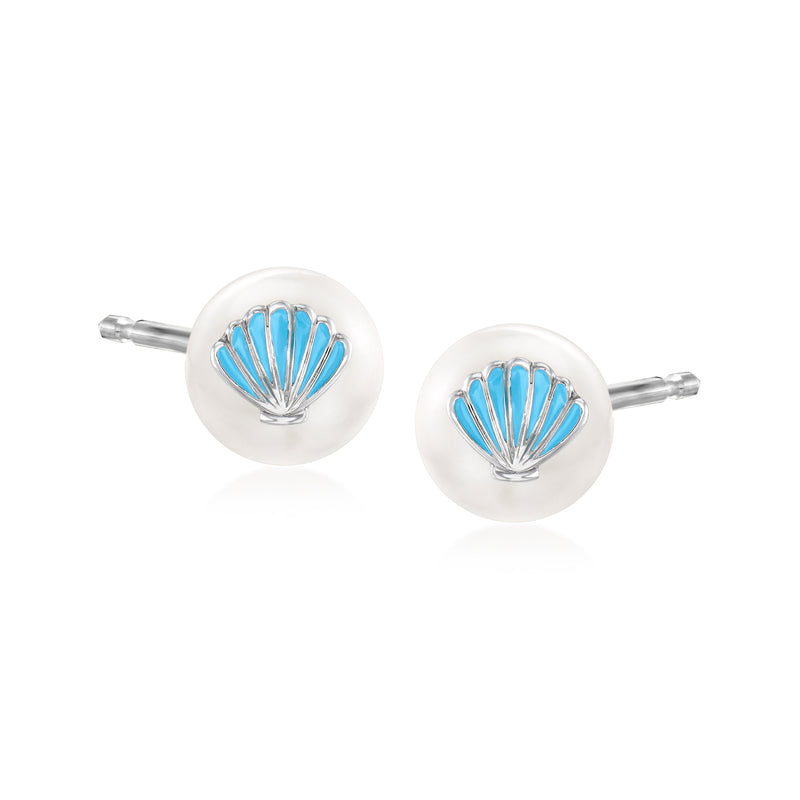 Sterling silver post earrings with round pearl-like discs and blue enamel seashells