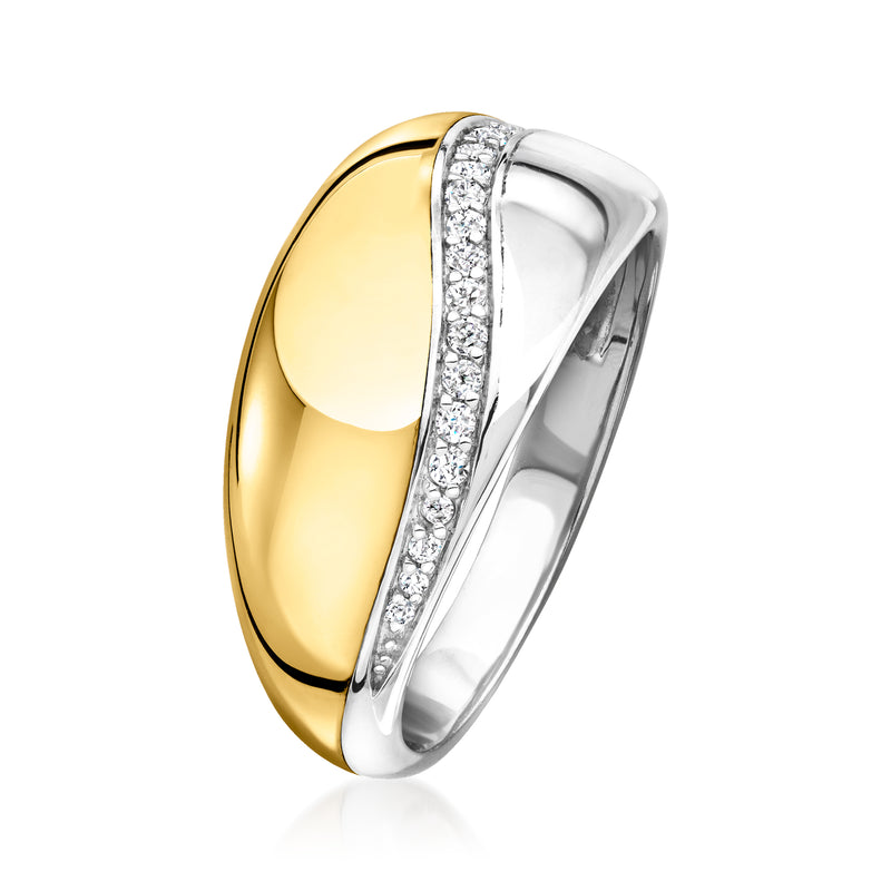 Two-tone gold diamond wave ring with polished yellow and white gold and pavé accent