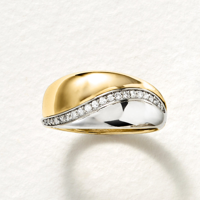 Two-tone gold wave ring with diamond accent row