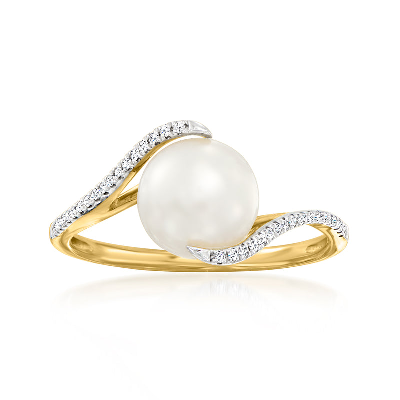 14kt yellow gold cultured pearl and diamond ring, large white pearl with diamond band