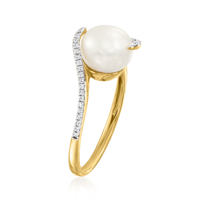 14kt yellow gold ring with large white pearl and slim diamond pave split shank
