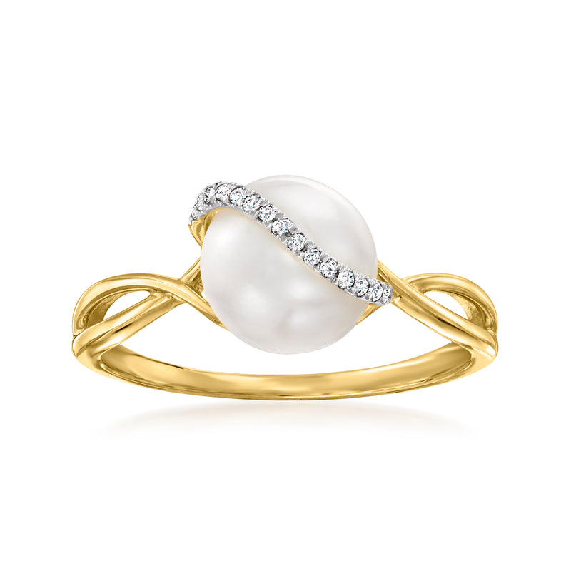Cultured pearl and diamond ring with oval pearl, diamond halo, 14kt yellow gold twisted band