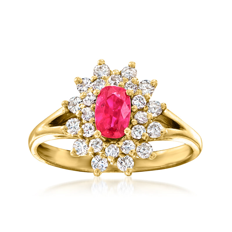 14k yellow gold ruby center cluster with round diamond halos ring