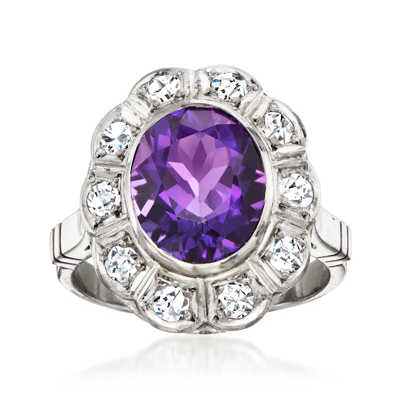 Amethyst oval center with diamond halo and white-gold ring setting