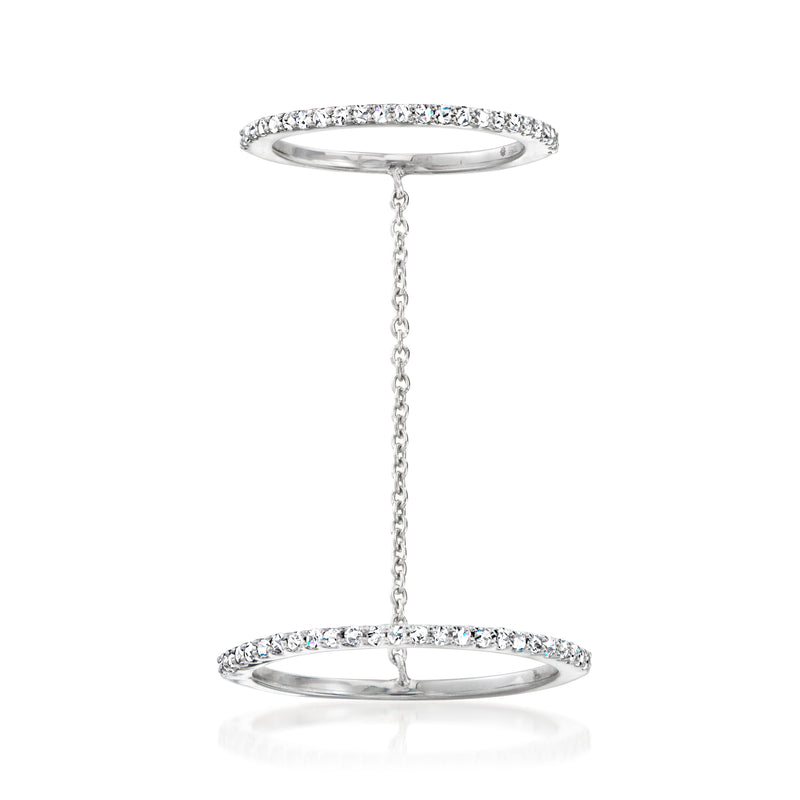 Sterling silver double ring with small diamonds, two bands linked by chain