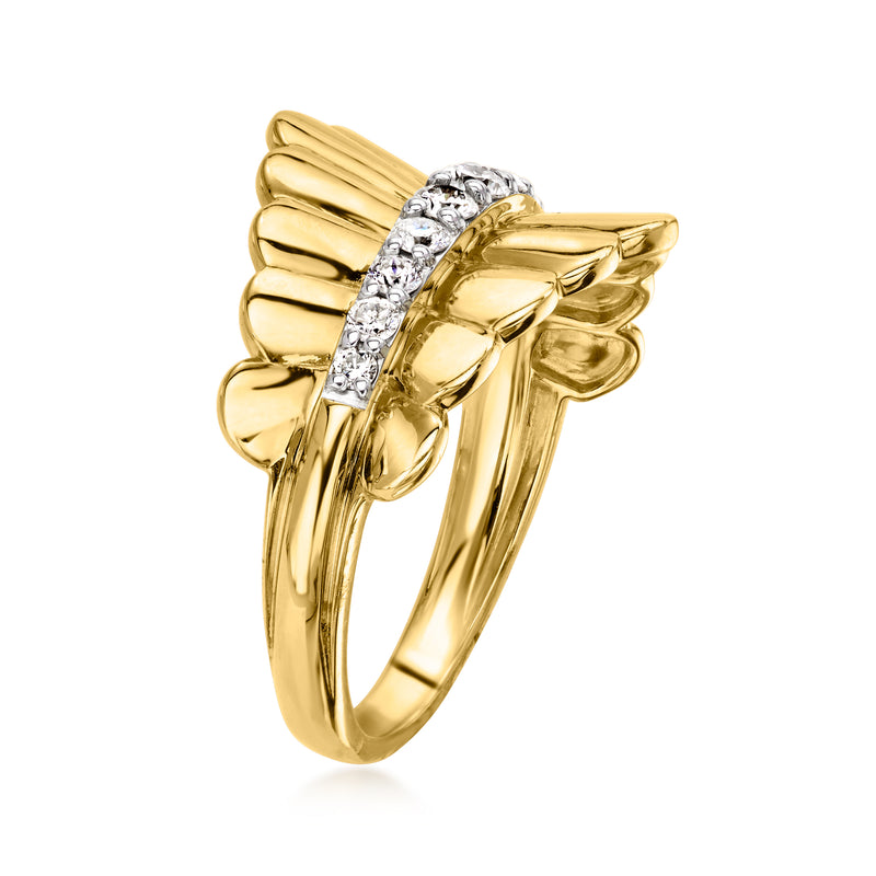Gold over sterling ring with scalloped wing design and diamond accent row