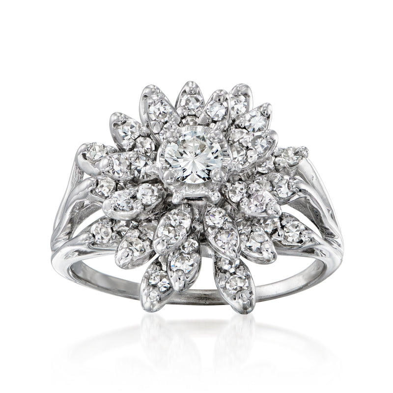 14kt white gold diamond flower ring with large center round and clustered stones