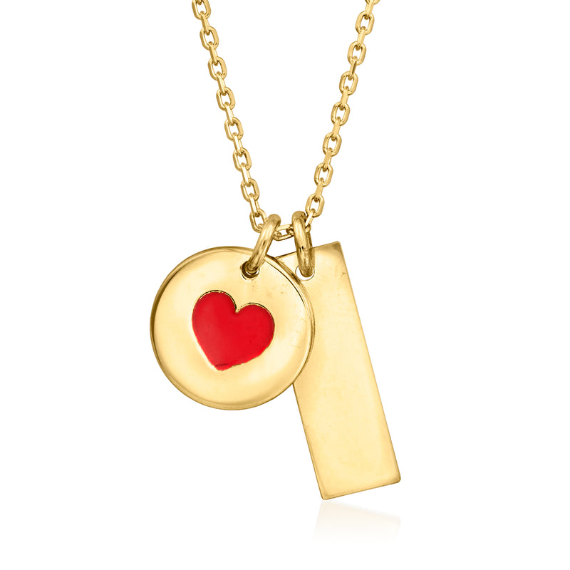 14kt yellow gold necklace with red enamel heart and bar pendant
