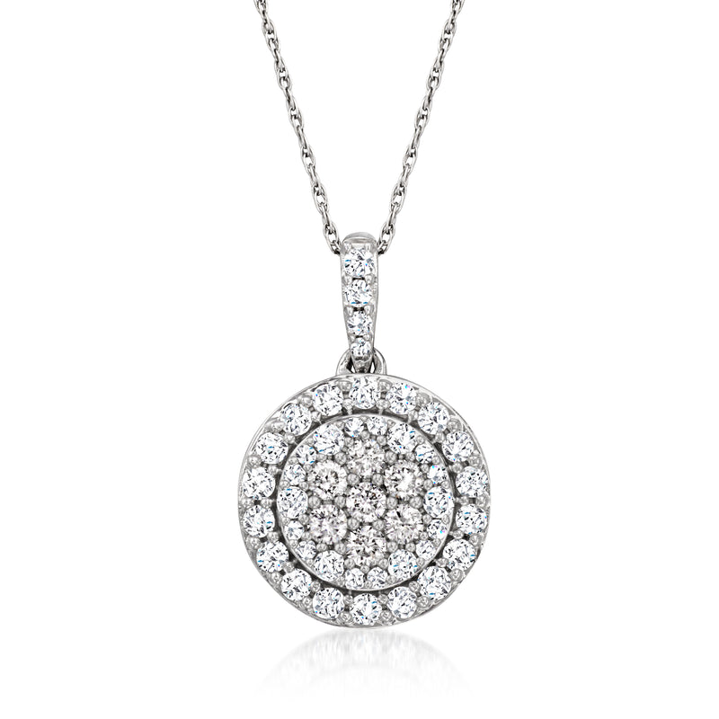 Round diamond cluster pendant necklace in 14kt white gold, with diamond bail and chain