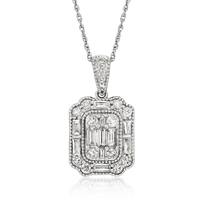 14kt white gold diamond cluster pendant necklace with square halo and baguette accents