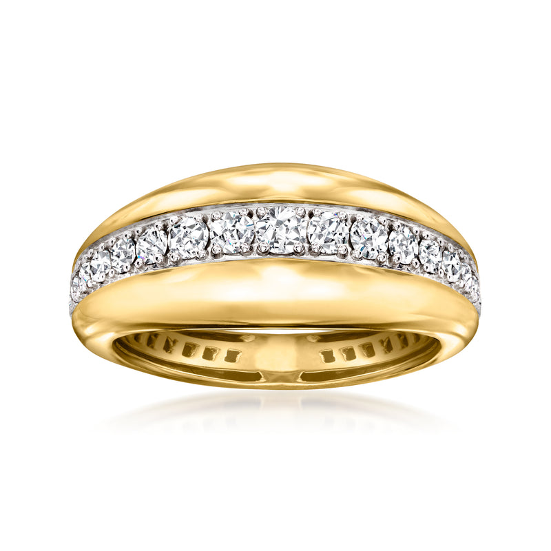 Gold tapered diamond ring with inset clear stones, shiny high-polish band