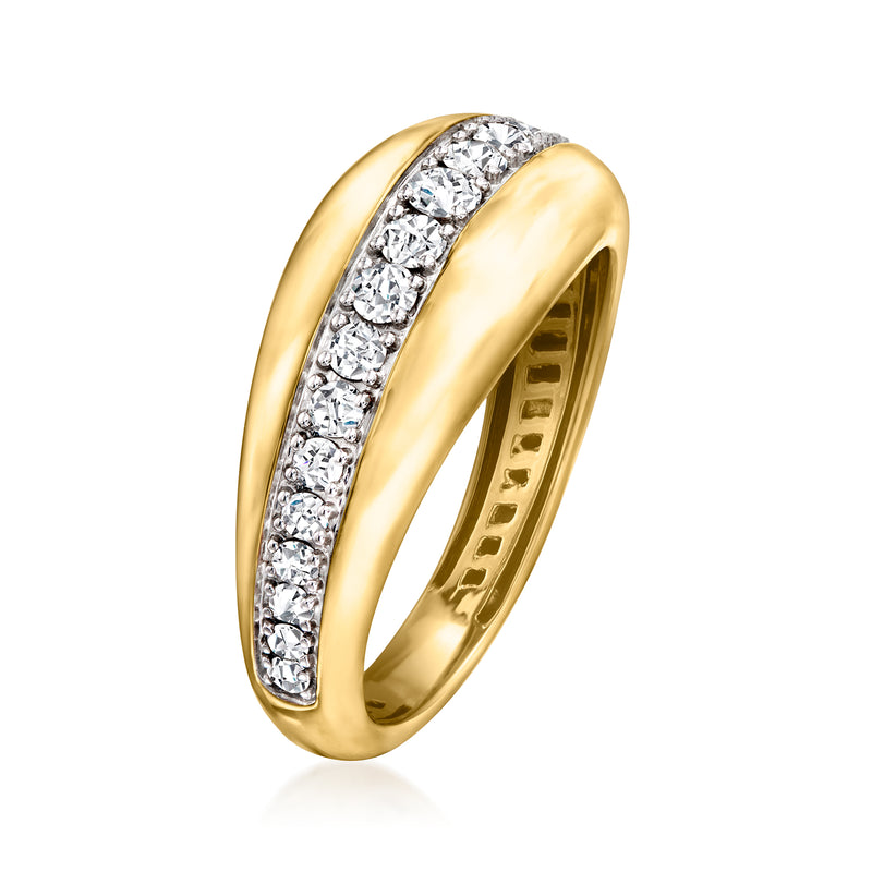 Gold tapered diamond ring side view with bezel-set clear stones, curved band
