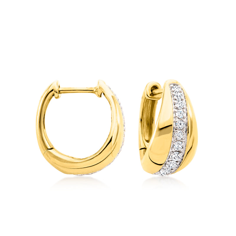 Gold hoop earrings with diamond-striped insets, hinged clasp visible