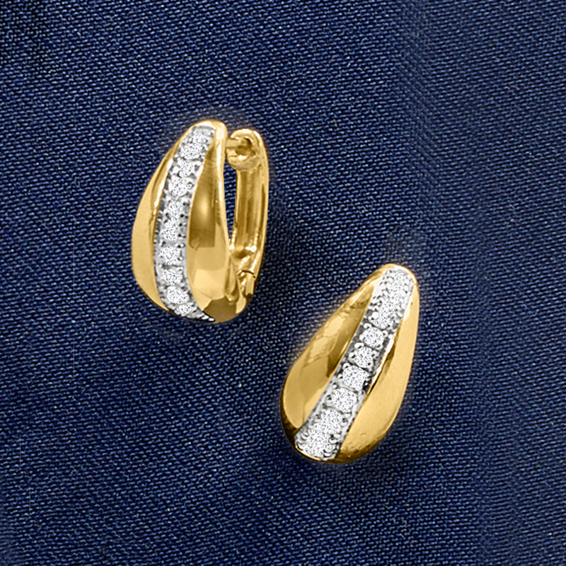 Gold hoop earrings with two white diamond bar stripes on each hoop