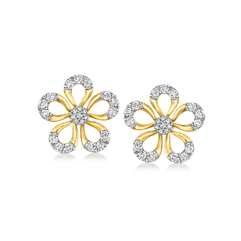 Diamond flower stud earrings in gold with round stones, post backs