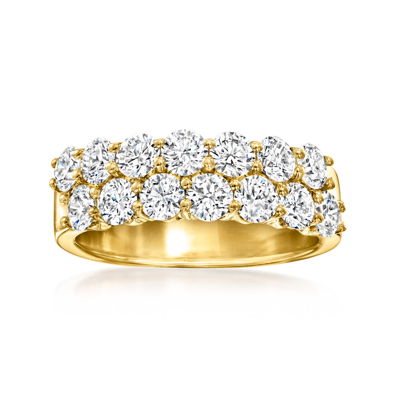 14kt yellow gold two-row diamond ring with round stones in prong settings
