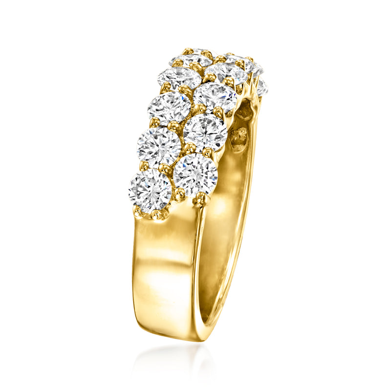 14kt yellow gold diamond ring with round stones, side view of prong-set band