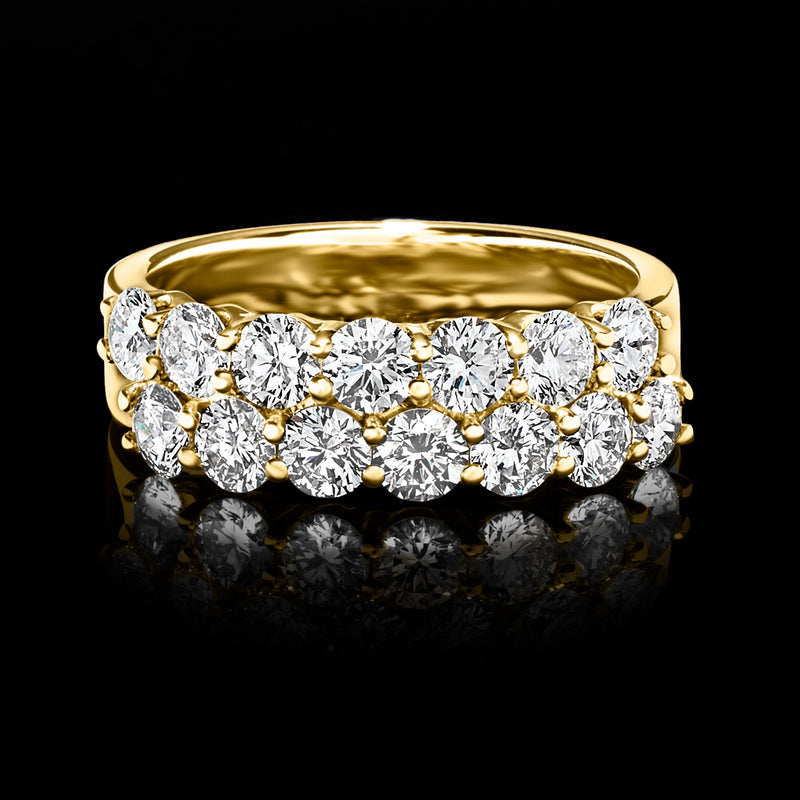 14kt yellow gold two-row diamond ring with round stones across the front band