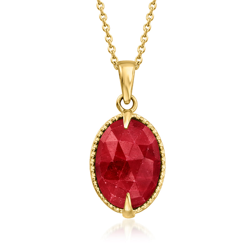 Oval ruby pendant necklace with red faceted stone in gold bezel on chain