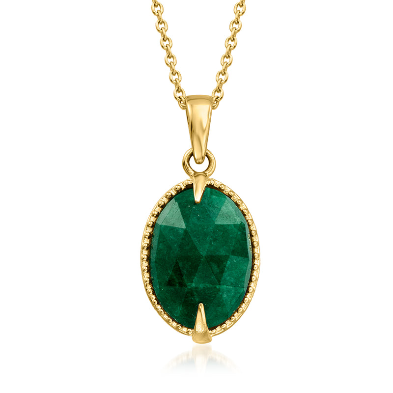 Gold pendant necklace with oval green emerald-cut stone in bezel setting