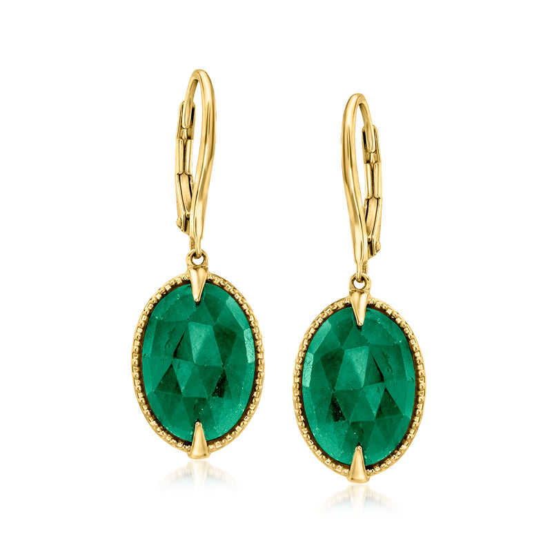 Gold leverback drop earrings with round green gemstone and bezel border