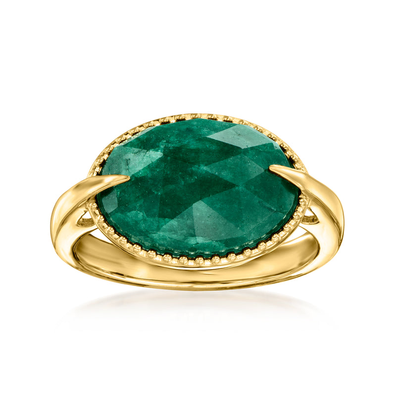 18kt gold over sterling emerald-cut oval ring with prong-set green gemstone