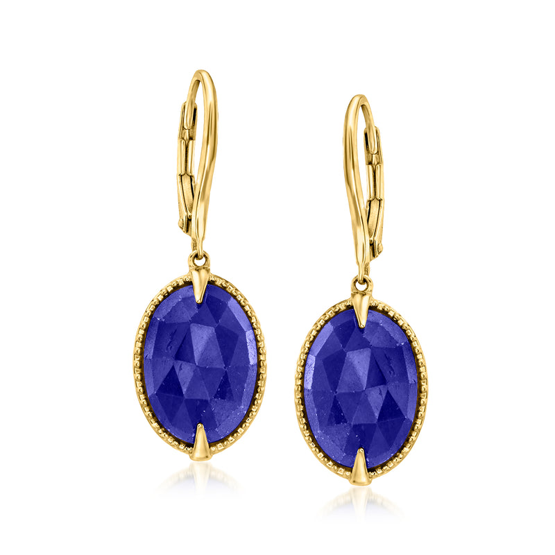 Gold over sterling leverback drop earrings with oval deep blue sapphire gemstone.