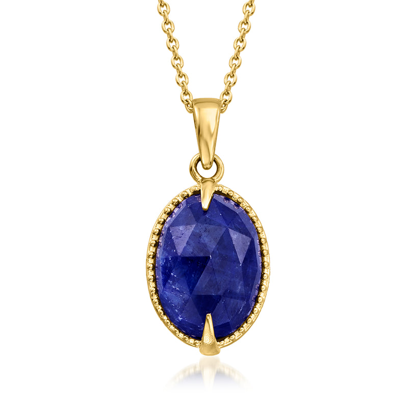 Gold-tone oval sapphire pendant with bezel setting and link chain