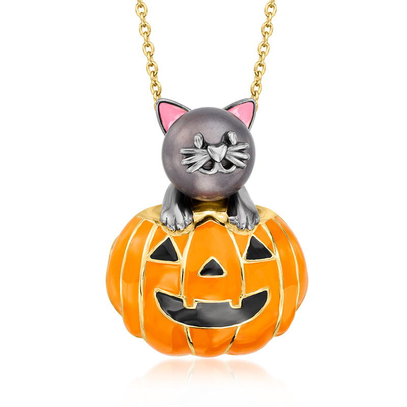 Orange enamel pumpkin pendant with black cat charm and gold-tone chain necklace