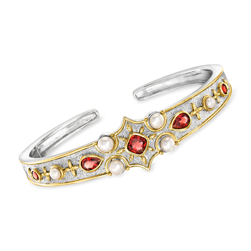 Two-tone sterling silver cuff bracelet with cultured pearls and red garnet stones