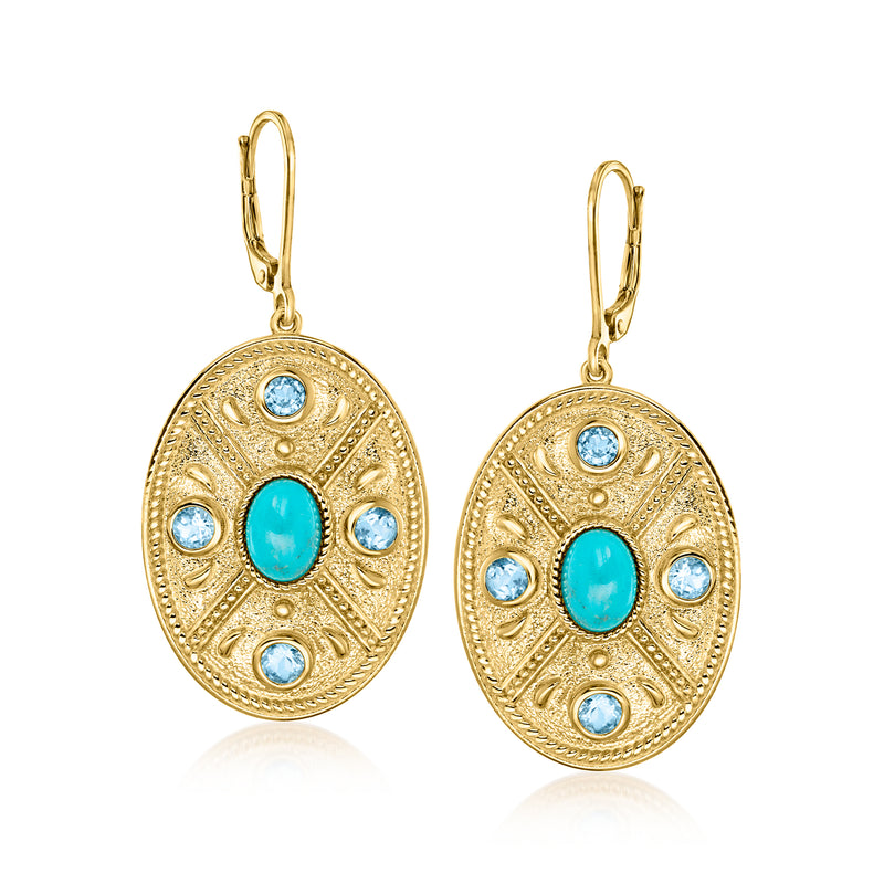 Oval drop earrings with turquoise center and sky-blue stones, gold leverback style.