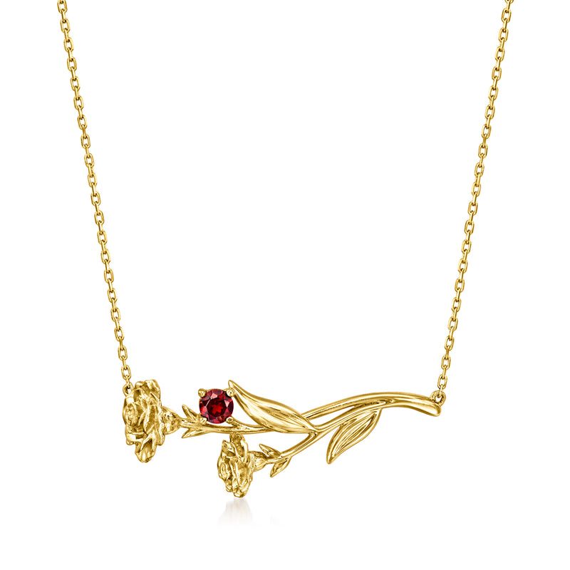 14kt yellow gold garnet carnation flower necklace with maroon gemstone center