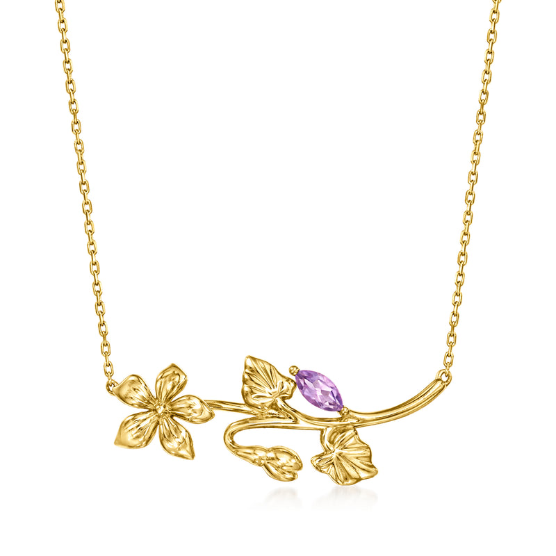 14kt yellow gold flower necklace with amethyst-violet oval center stone