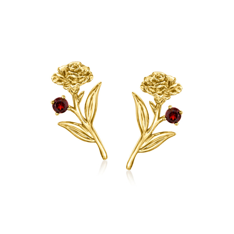 14kt yellow gold garnet flower stem post earrings with red round gemstones