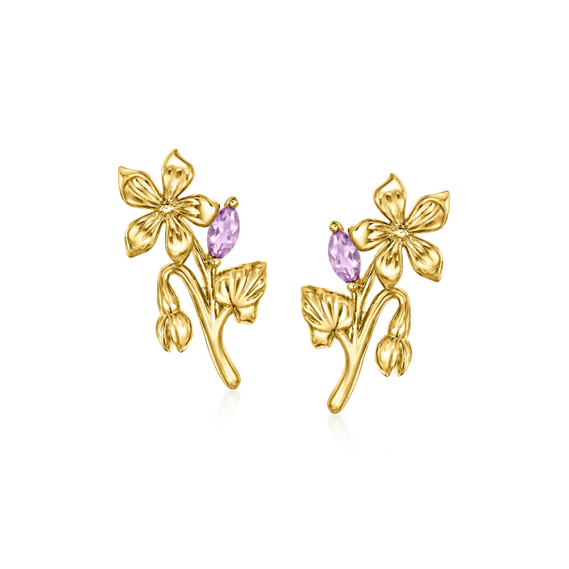 14kt yellow gold flower stud earrings with violet amethyst teardrop gemstones