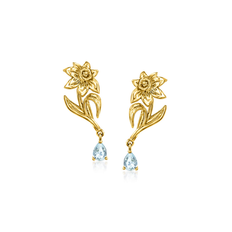 14kt yellow gold daffodil flower drop earrings with aquamarine teardrop stones